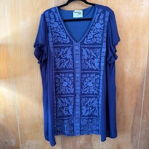Savanna Jane Navy Blue Embroidered Boho V-Neck Tunic Top 2X PD10062